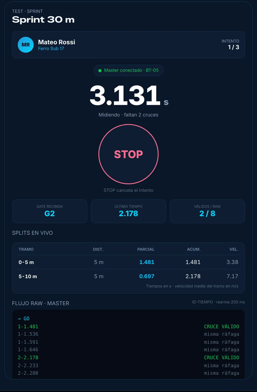 App ArgFit Network midiendo un sprint de 30 m con parciales